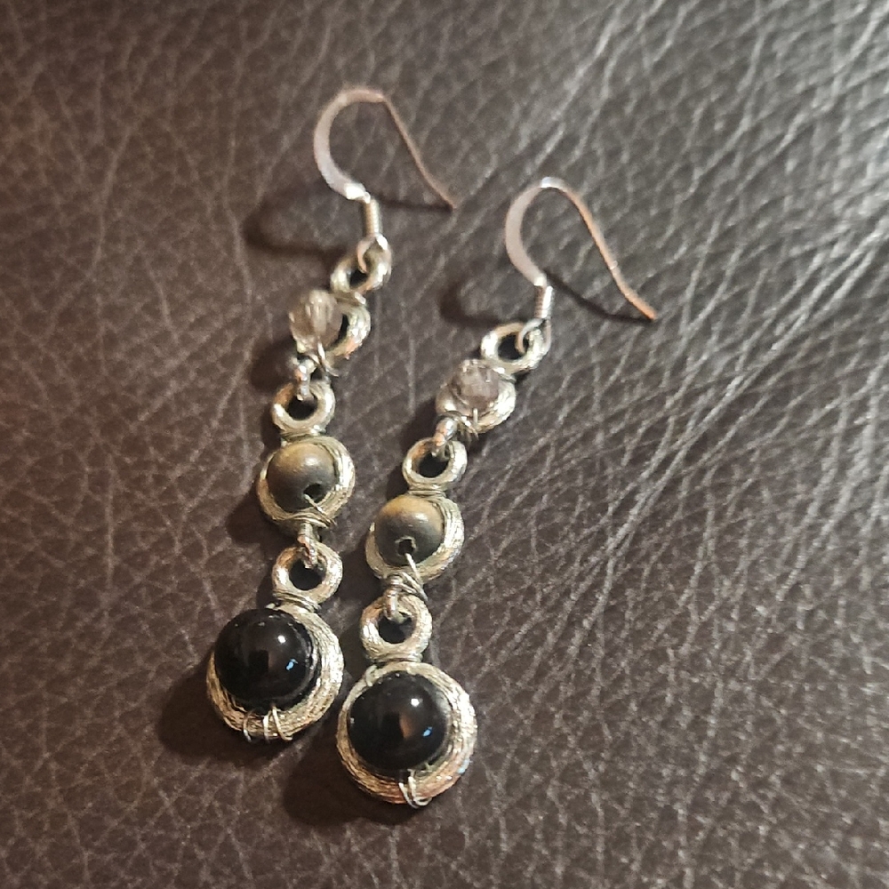 Silver-Tone Black Bead Drop Earrings - Women Accessories